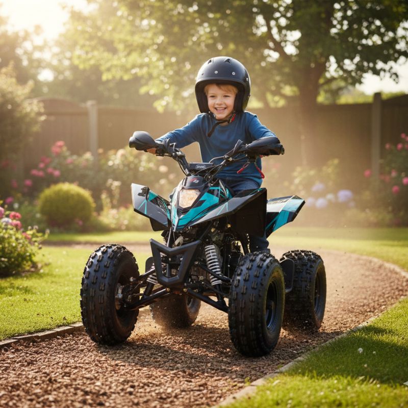 Kid riding a Sniper 120cc Kids Quad Bike Blue in their Garden