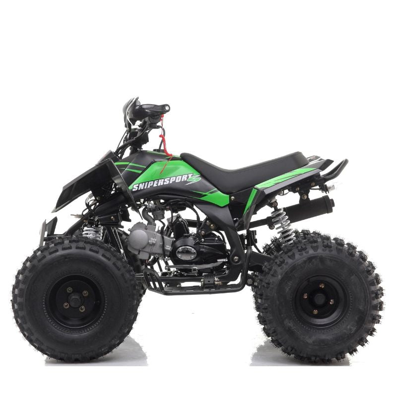 Sniper 120cc Kids Quad Bike Green on a white background Side View