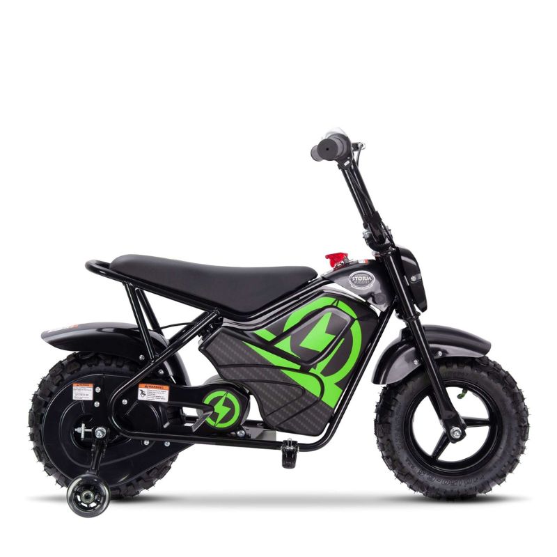 Green 250w Kids Electric Ride On  Bike on a white  background Side View