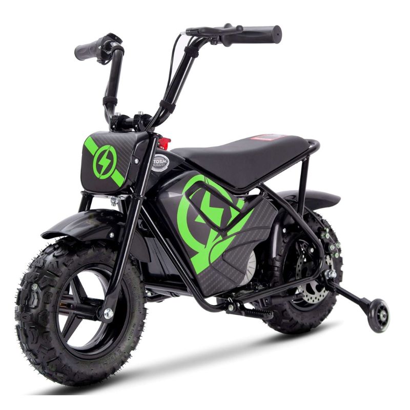 Green 250w Kids Electric Ride On  Bike on a white  background 
