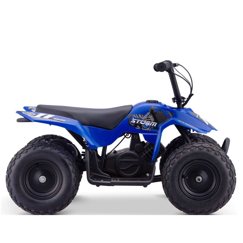 Blue 250w Kids Mini Quad Bike on a white background side view
