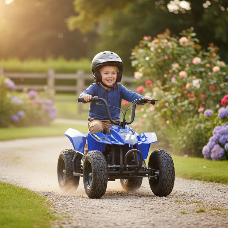 Child riding a blue mini quad bike in a garden setting with flowers and greenery.