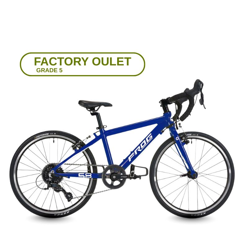 Frog Road 58 Blue bicycle with 'Factory Outlet Grade 5' label on a white background