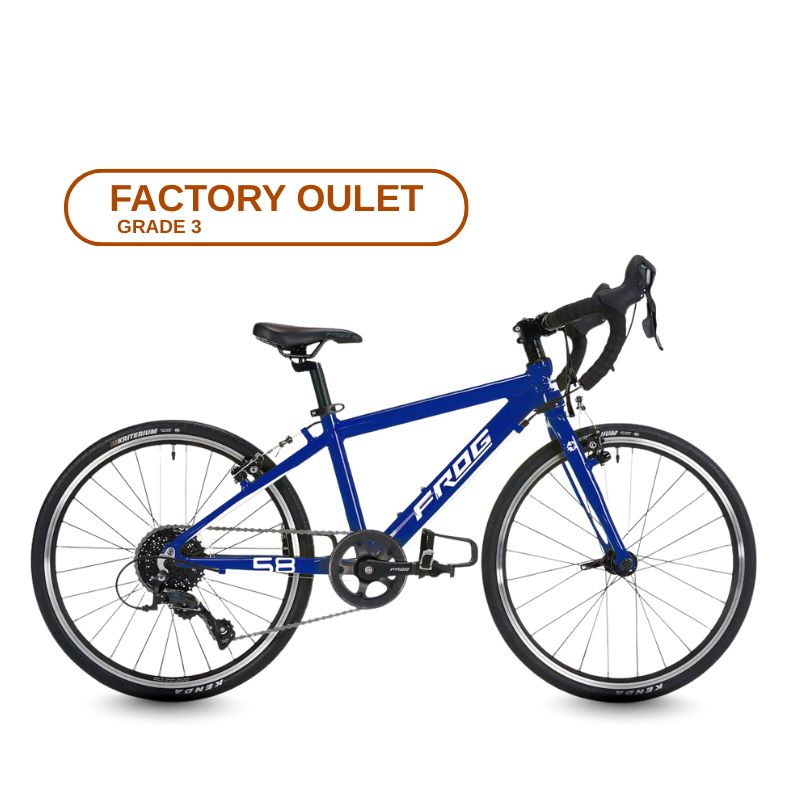 Frog Road 58 Blue bicycle with 'Factory Outlet Grade 3' label on a white background