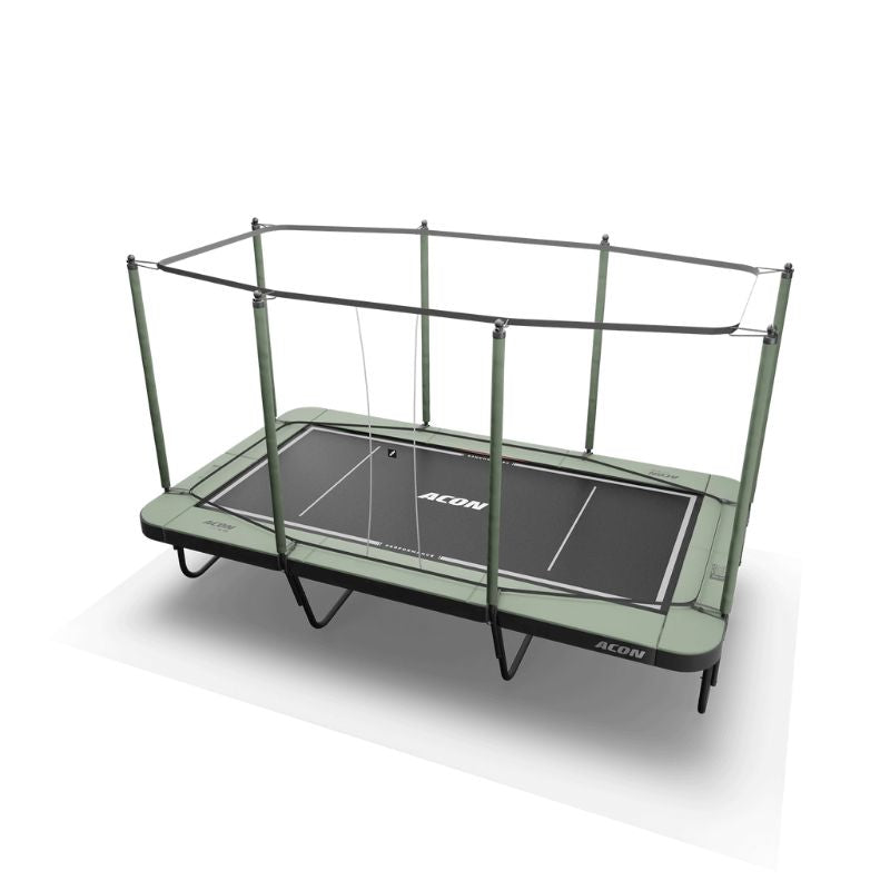 ACON HD Performance Trampoline Mat set up on rectangular trampoline with enclosure net 