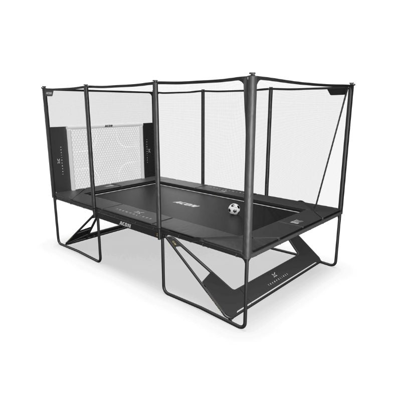 ACON X Football Goal Panel set up on Acon 17ft Rectangular Trampoline with enclosure net