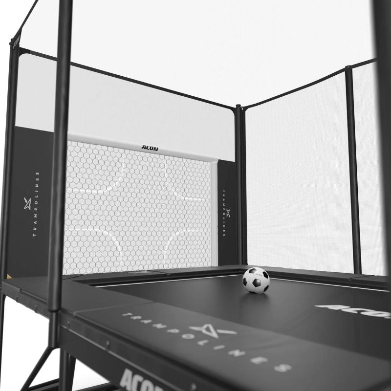 Clouse up shot ACON X Football Goal Panel set up on Acon 17ft Rectangular Trampoline with enclosure net