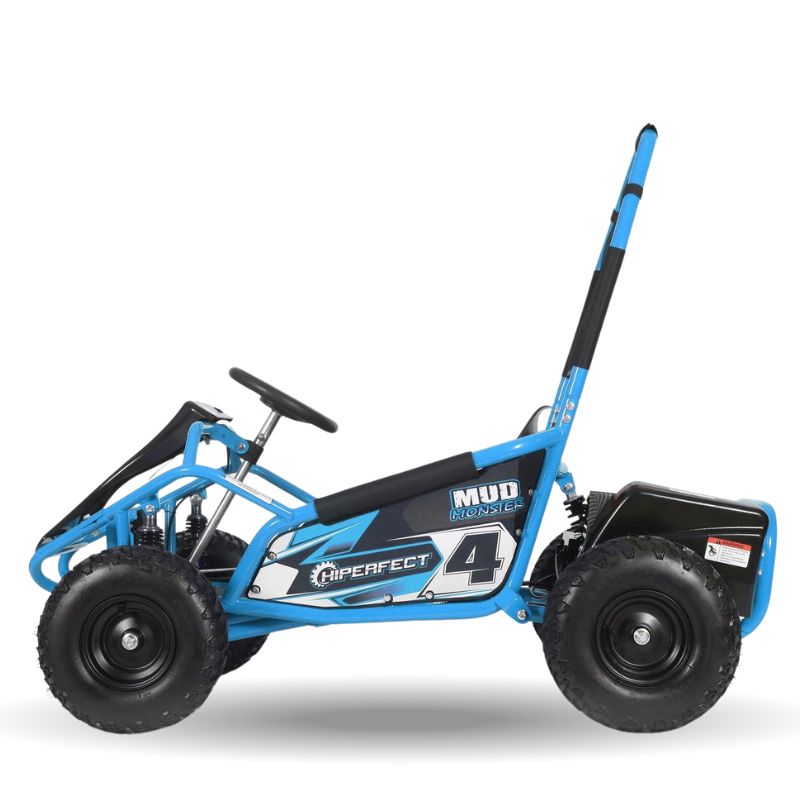 Blue 100cc Mud Monster go-kart on a white background