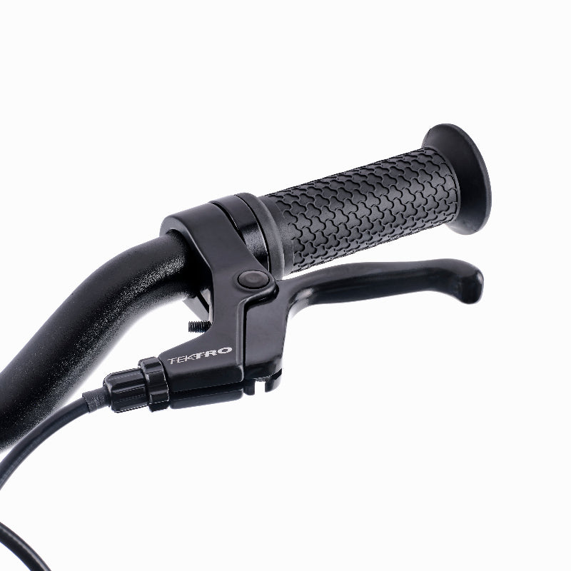 Close up of Frog 38 showing its handlebar grip with throttle control on a white background