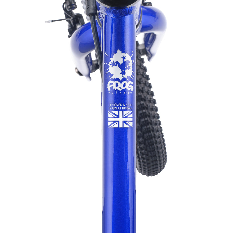 Blue bicycle fork with 'Frog Bikes' branding on a white background