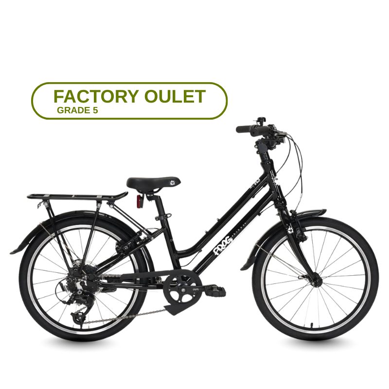 Frog City Black Black children's bicycle on a transparent background with 'Factory Outlet' label.
