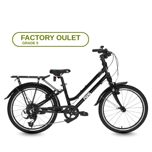 Frog City Black Black children's bicycle on a transparent background with 'Factory Outlet' label.