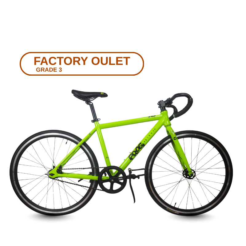 Frog Track 70 Green bicycle with 'Factory Outlet Grade 3' label on a transparent background