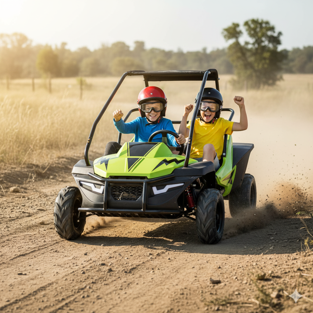 Two children in a Hammerhead Mudhead 208R buggy on a dirt road with trees in the background.
