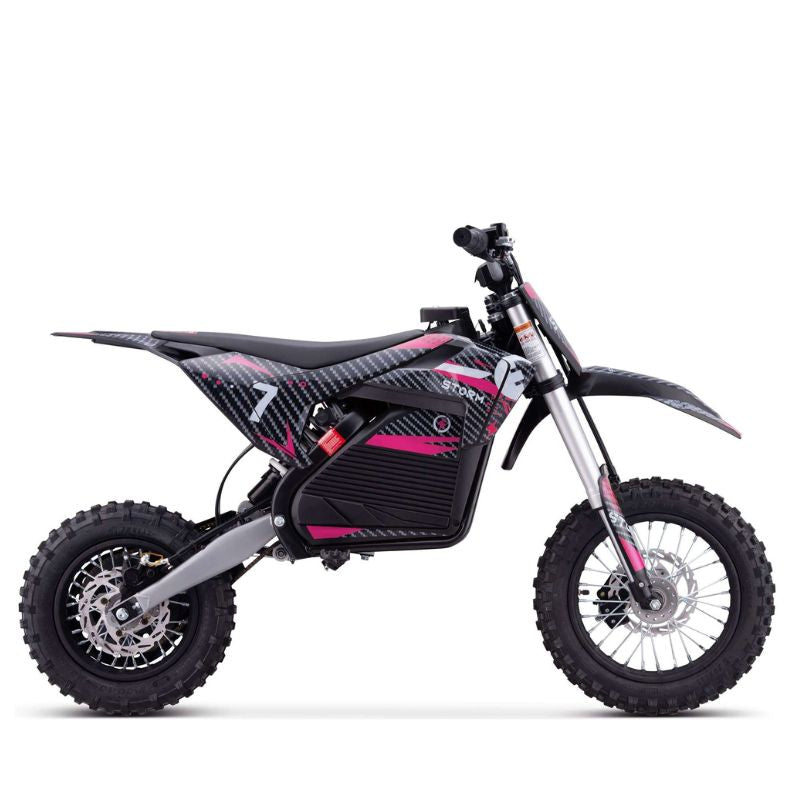 Pink Kids 1200w Electric Dirt Bike on a white background side view