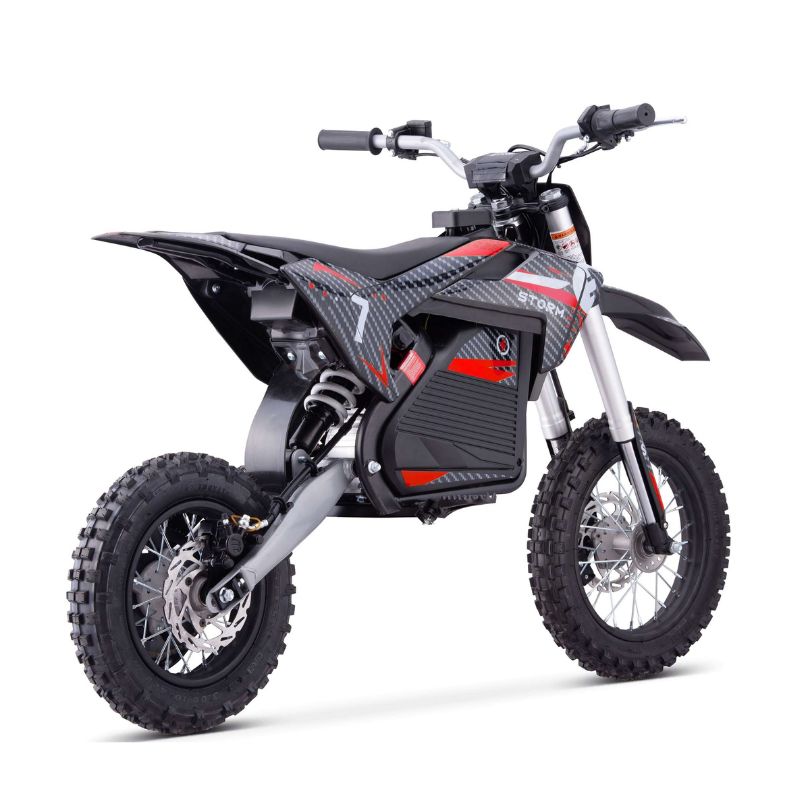 Red Kids 1200w Electric Dirt Bike on a white background back view