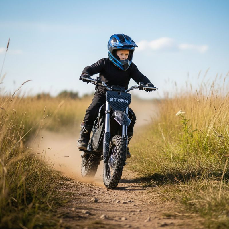 kid riding a 1200w Electric Dirt Bike in a grassy field