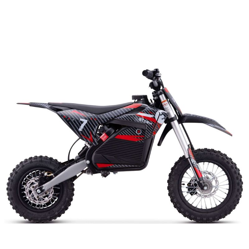 Red Kids 1200w Electric Dirt Bike on a white background side view