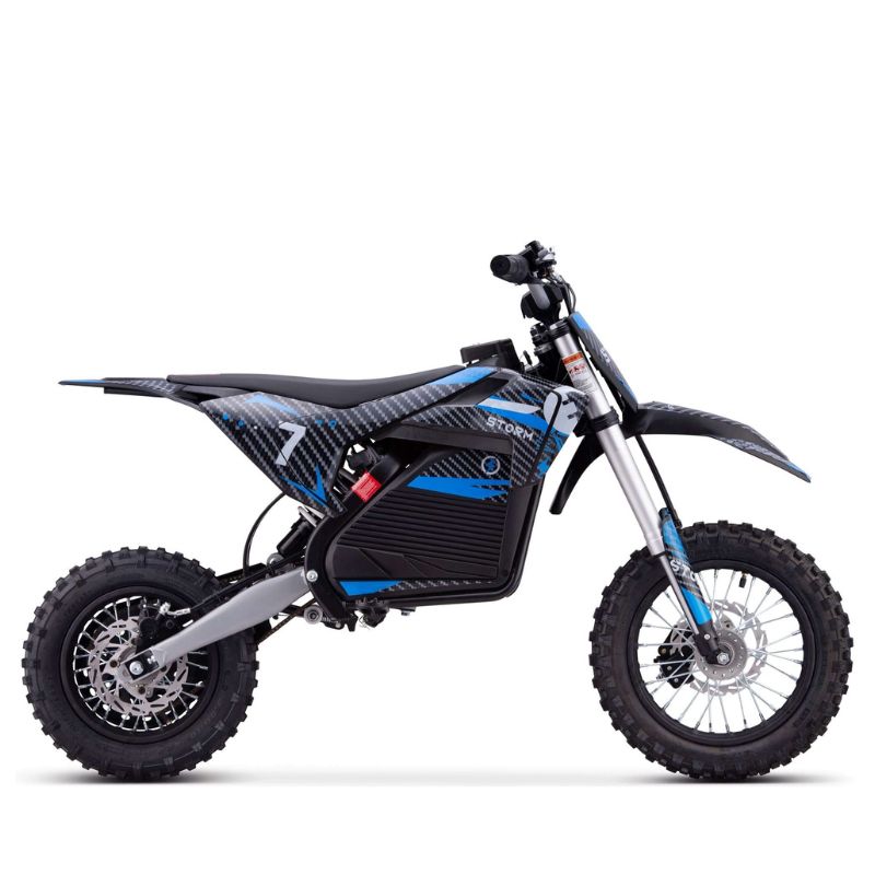 Blue Kids 1200w Electric Dirt Bike on a white background side view
