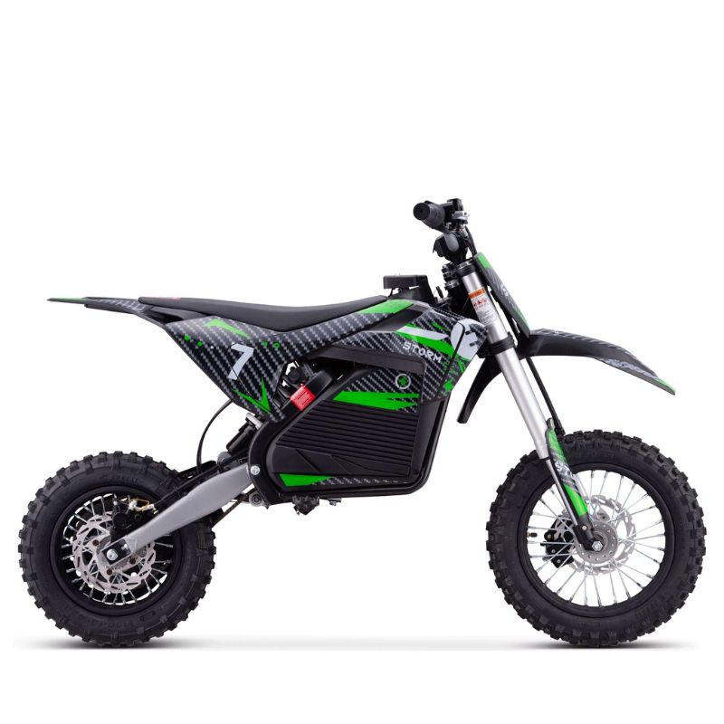 Green Kids 1200w Electric Dirt Bike on a white background side view