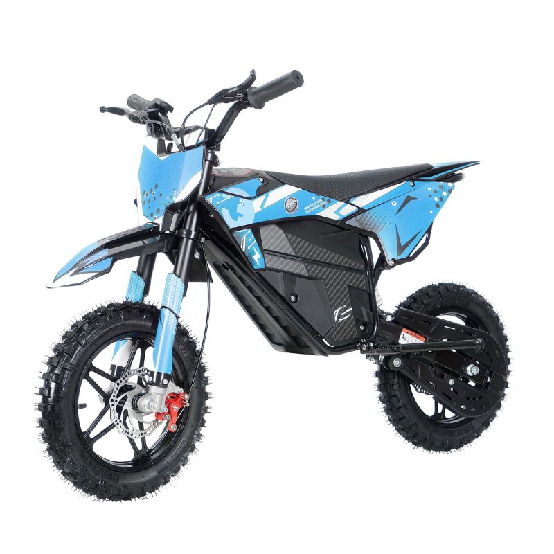 Kids 800w 36v Blue Electric Dirt Bike on a white background