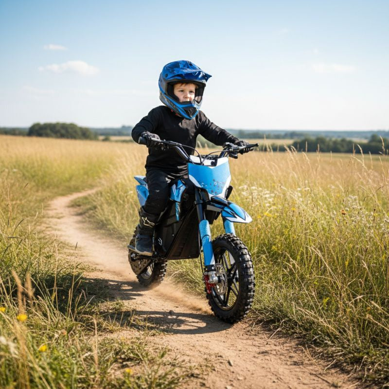kid riding a 800w 36v Blue Electric Dirt Bike  in a grassy field
