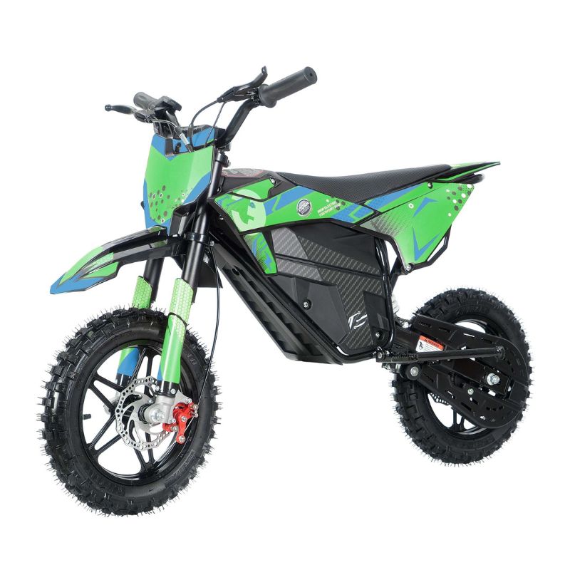 Kids 800w 36v Green Electric Dirt Bike on a white background
