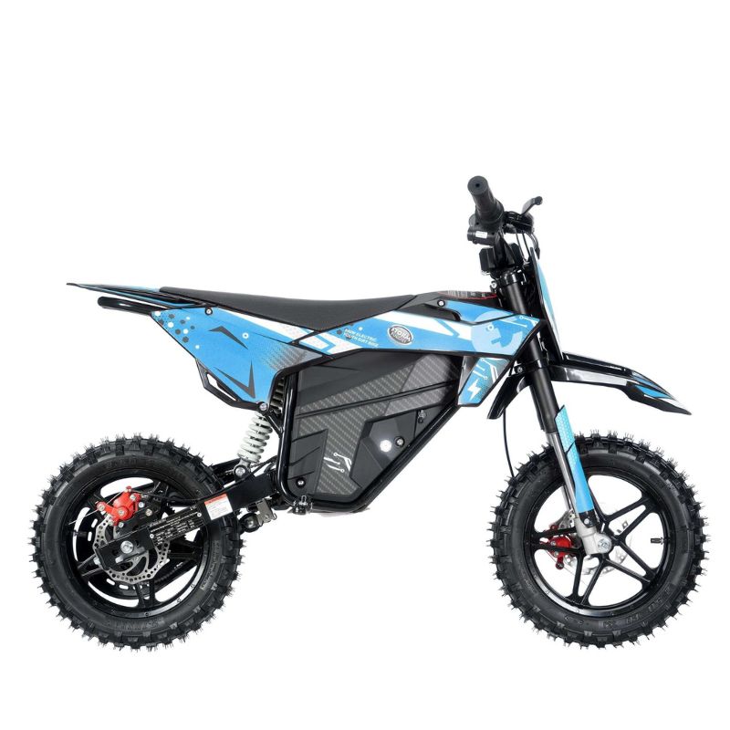 Kids 800w 36v Blue Electric Dirt Bike on a white background side view