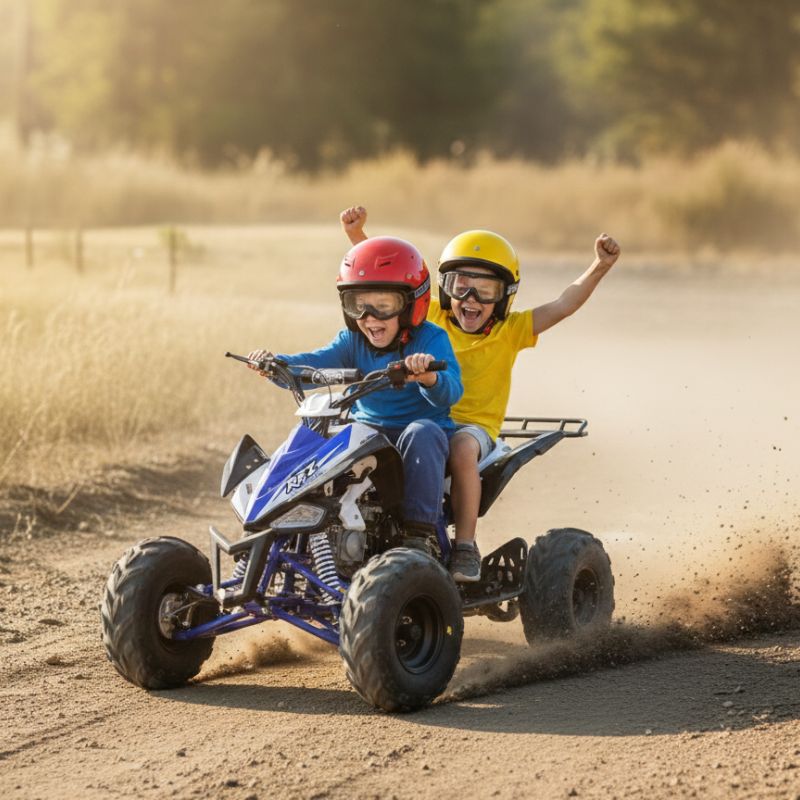 two children riding a PANTHER 110cc KIDS QUAD BIKE in a off road.