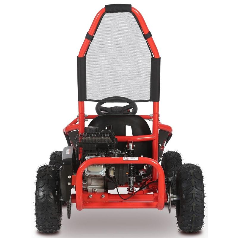 Red 100cc Mud Monster go-kart on a white background back view