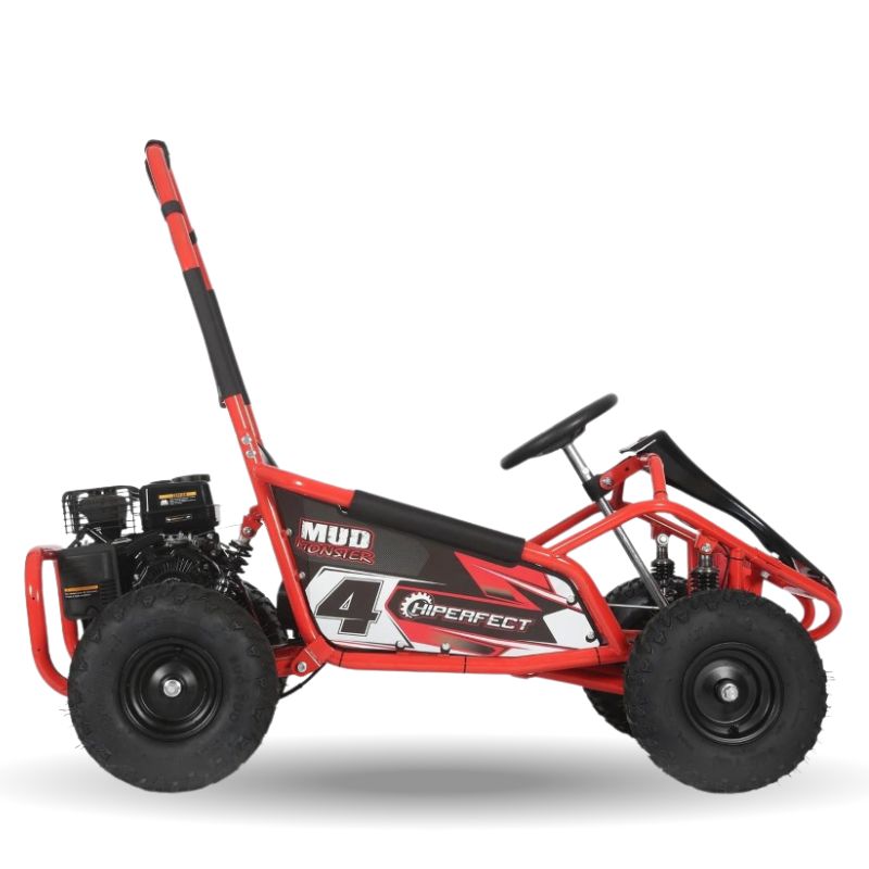 Red 100cc Mud Monster go-kart on a white background side view