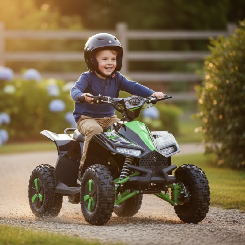 Kids riding a Renegade Ranger 1000w 36v Kids Electric Quad Bike Green