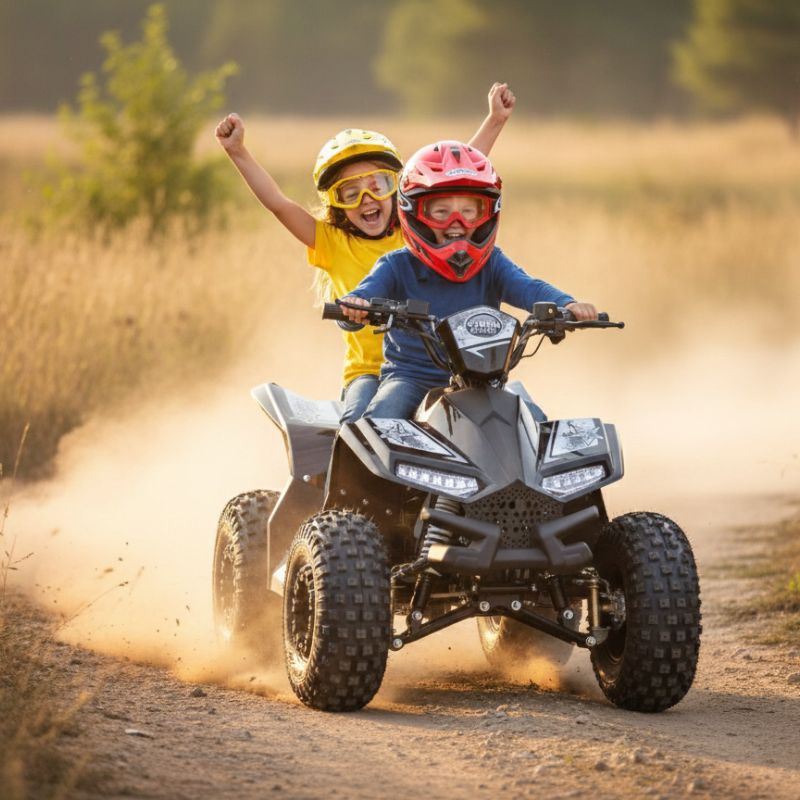 2 kids riding Renegade Ranger 1200w Kids Electric Quad Bike 