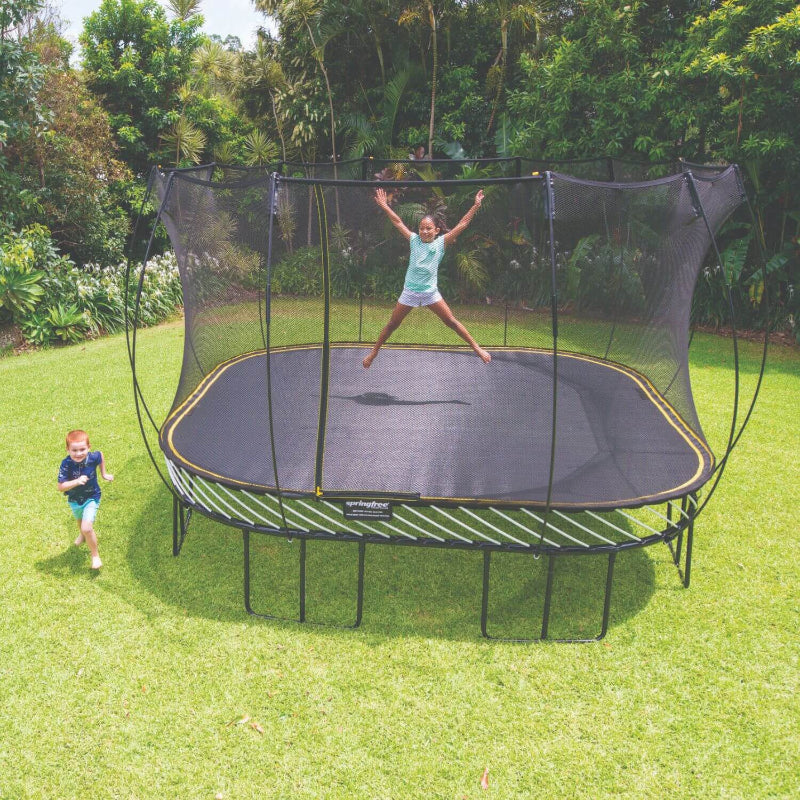 Springfree® 11ft Deluxe Square Trampoline with kids playing and jumping