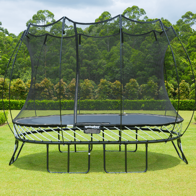 Springfree® 8ft x 11ft Oval Trampoline front view at the garden