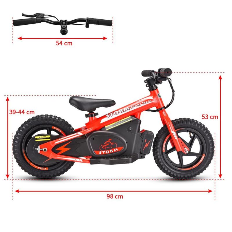 Length and Height Specification of = Storm Kids 100w Electric Motorbike on a white background