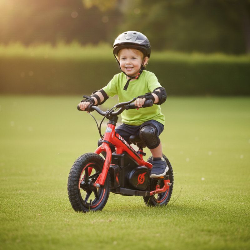 Child riding a Red Storm Kids 100w Electric Motorbike with transparent background on grass with a helmet
