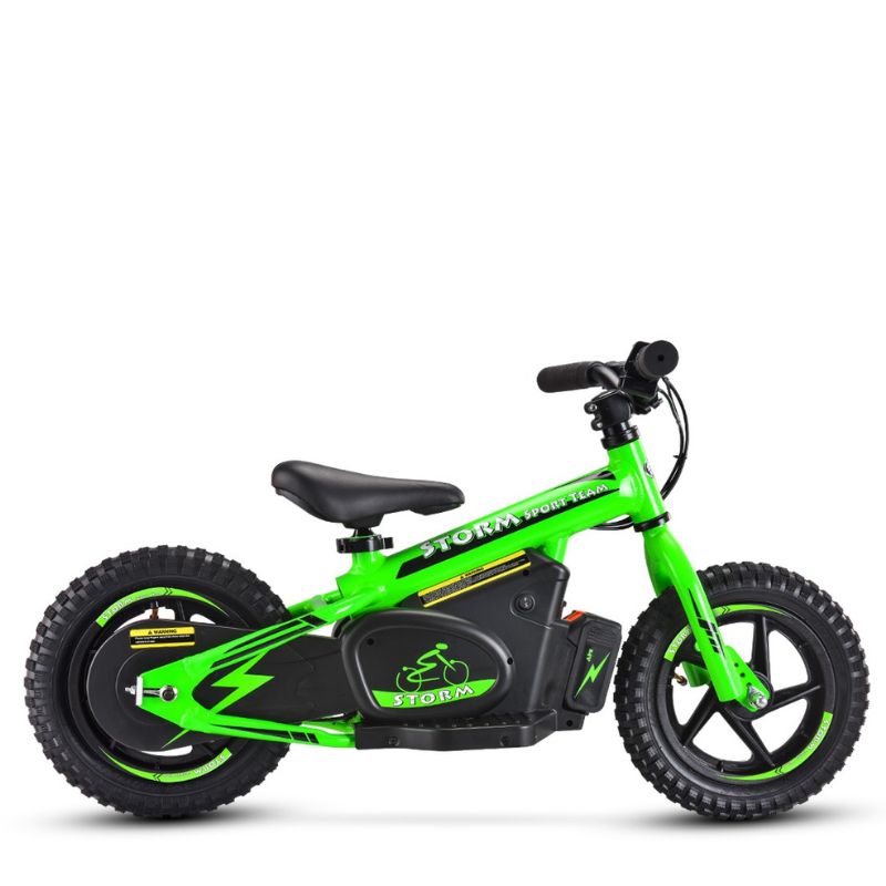 Green Storm Kids 100w Electric Motorbike on a white background side view