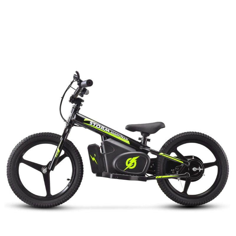 Black Storm Kids 170w Electric Balance Bike on a white background side view