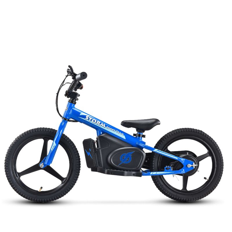 Blue Storm Kids 170w Electric Balance Bike on a white background side view