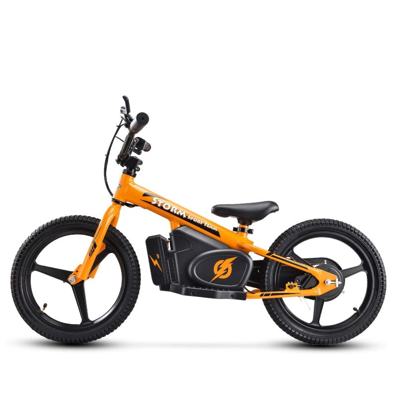 Orange Storm Kids 170w Electric Balance Bike on a white background side view