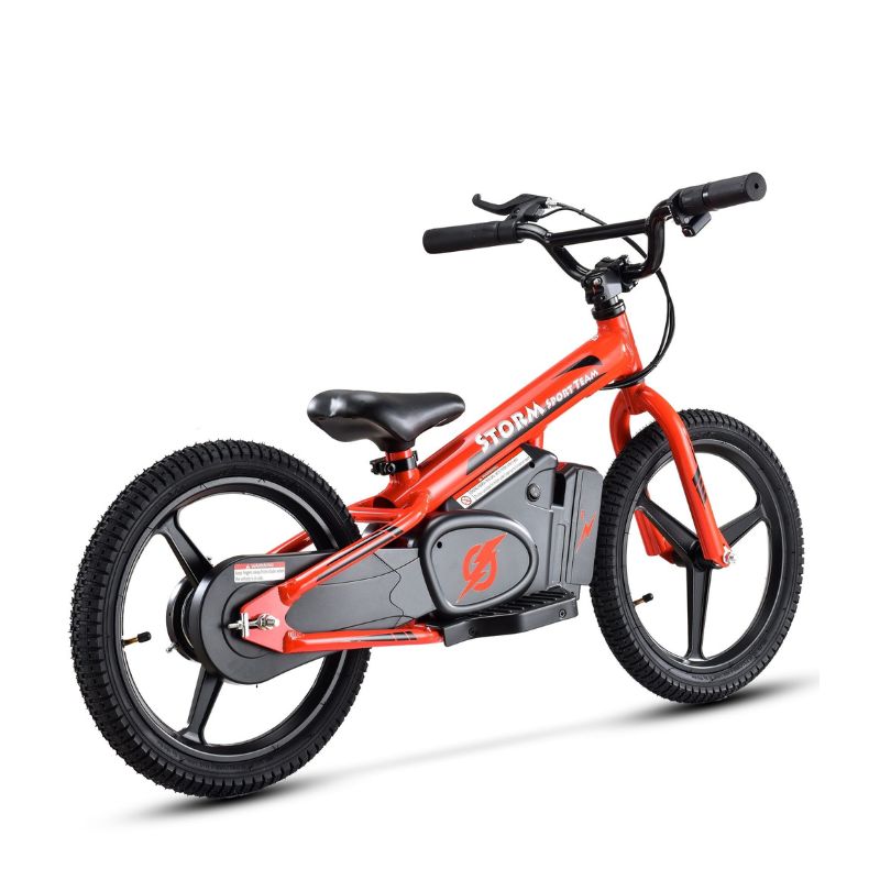 Red Storm Kids 170w Electric Balance Bike on a white background back view