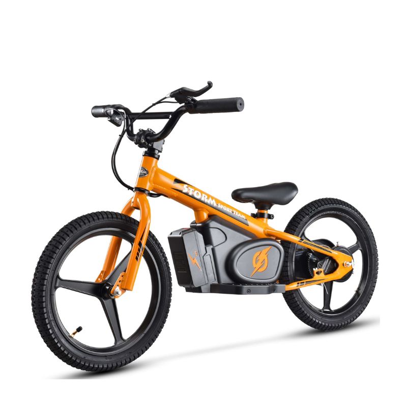 Orange Storm Kids 170w Electric Balance Bike on a white background