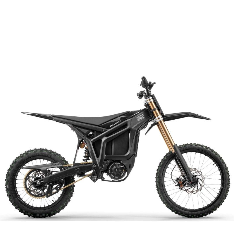 Black Talaria Komodo 32kwElectric MX Off Road Dirt Bike on a white background side view