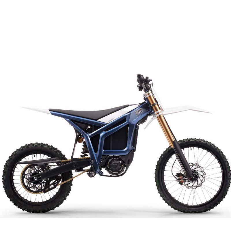 Blue Talaria Komodo 32kwElectric MX Off Road Dirt Bike on a white background side view