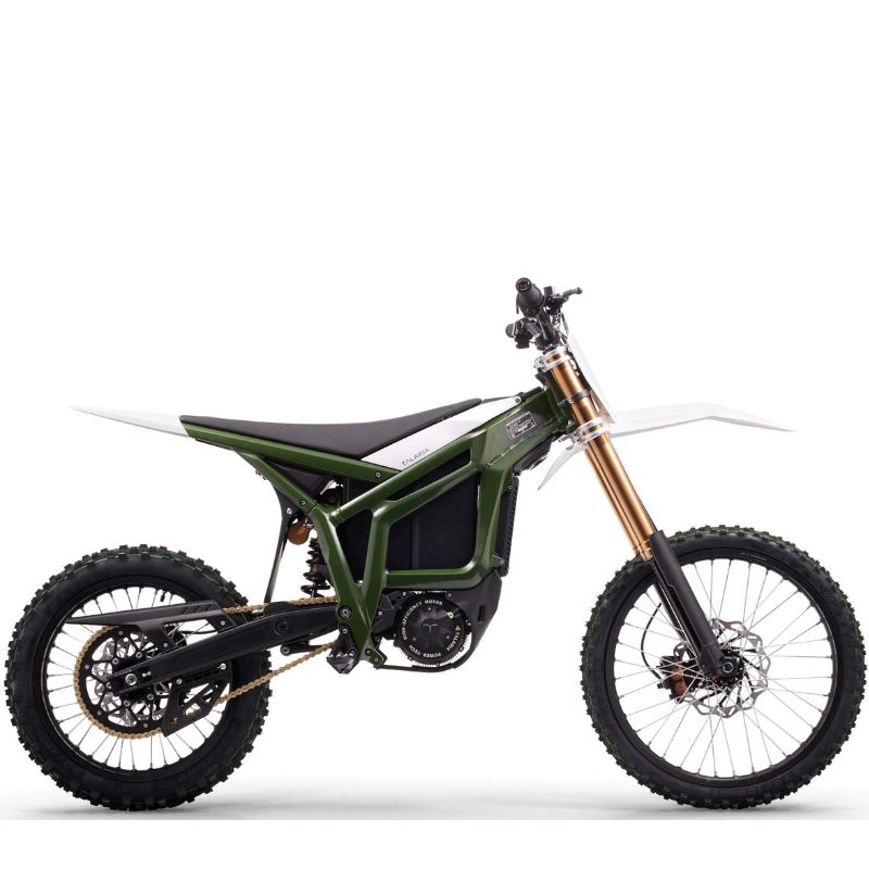 Green Talaria Komodo 32kwElectric MX Off Road Dirt Bike on a white background side view