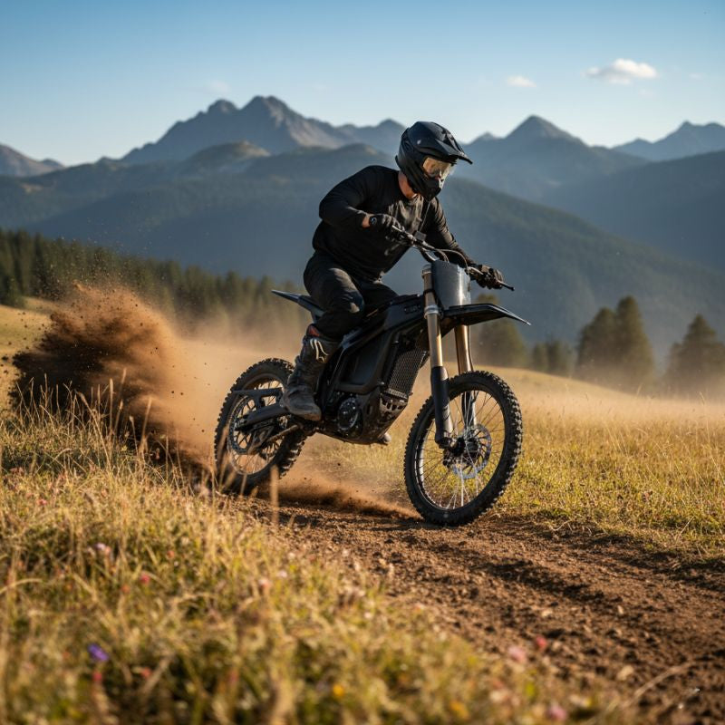 Person riding a dirt bike on a dirt path with mountains in the background