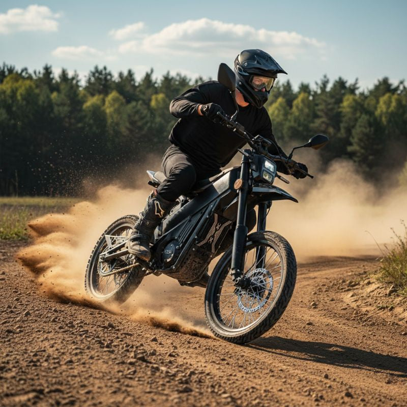 a man riding a Talaria X3 L1E Road Legal Electric Dirt Bike in off road field