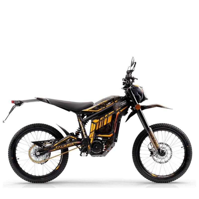 Yellow Talaria Sting L35 Electric MX Road Legal Dirt Bike on a white background side view