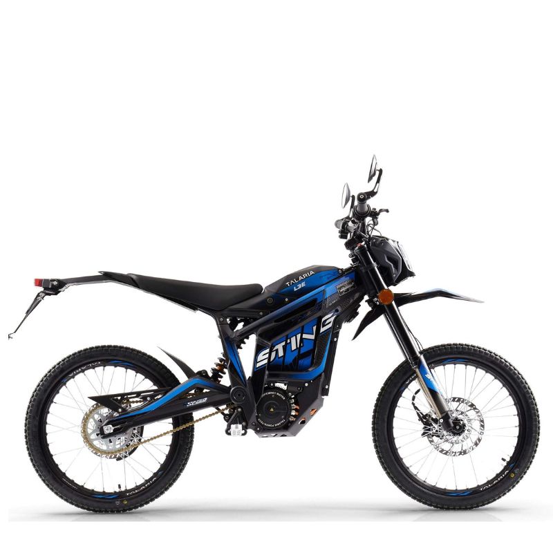 Blue Talaria Sting L35 Electric MX Road Legal Dirt Bike on a white background side view